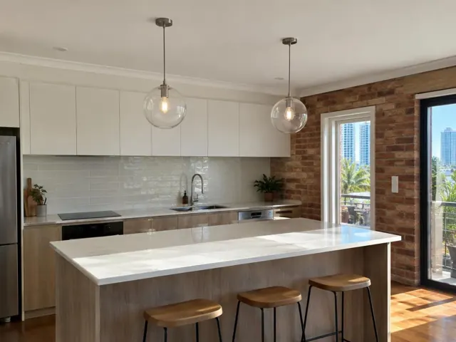 Two glass pendant lights above a kitchen island in a brick-walled apartment kitchen in Surfers Paradise