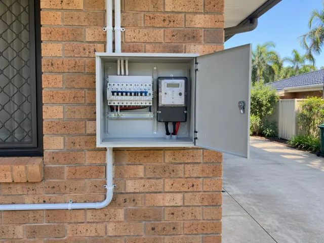 Open switchboard cabinet and meter on an external brick wall beside a driveway in Bundall